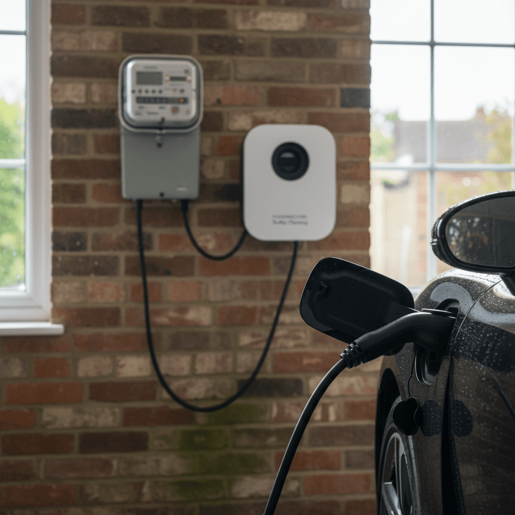 Porsche Taycan plugged into a home wallbox charger with an electric meter in the background, illustrating daily charging costs compared to filling a gas Porsche
