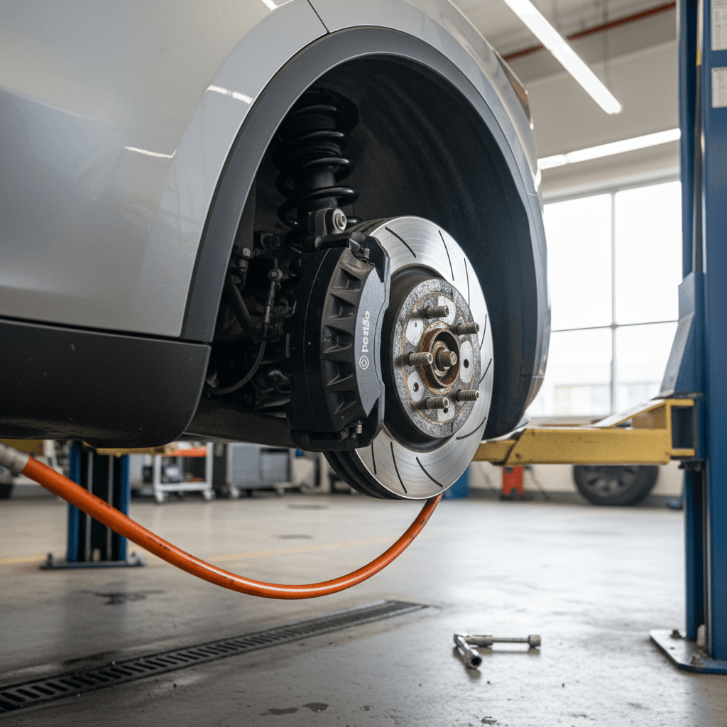 Tesla Model Y wheel and brake components visible on a lift inside a service bay