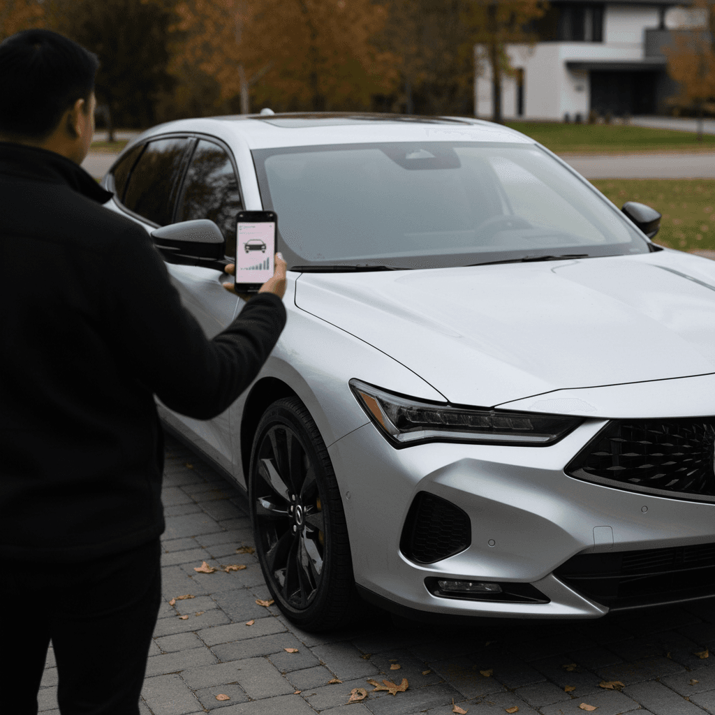Acura ZDX parked in a residential driveway while the owner checks an app on their phone to review the vehicle’s value and battery health before selling