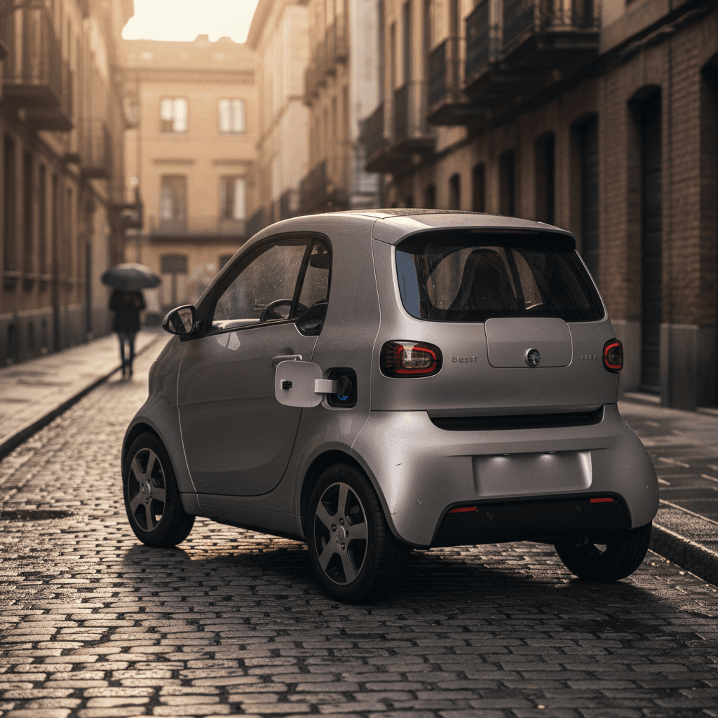 Compact electric car parallel parked on a narrow city street