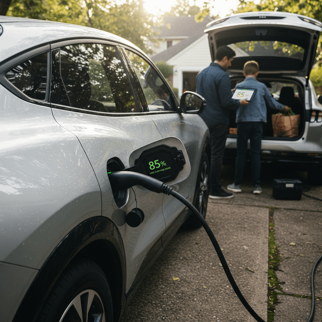 Row of used electric cars parked at a dealership lot, ready for buyers to compare