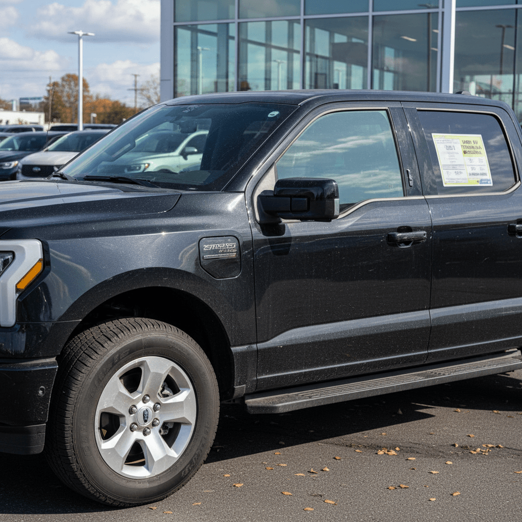 Row of used 2022 Ford F-150 Lightning electric pickup trucks lined up on a dealer lot with price stickers
