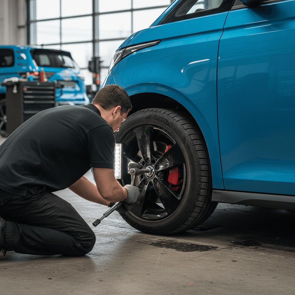 Technician removing a wheel from a Volkswagen ID. Buzz to inspect brakes and tires on a lift