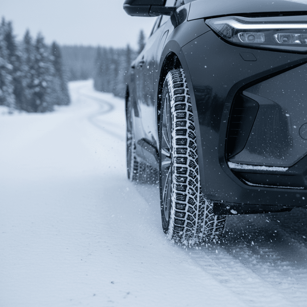 Toyota bZ4X front wheel with aggressive winter tire tread driving on packed snow