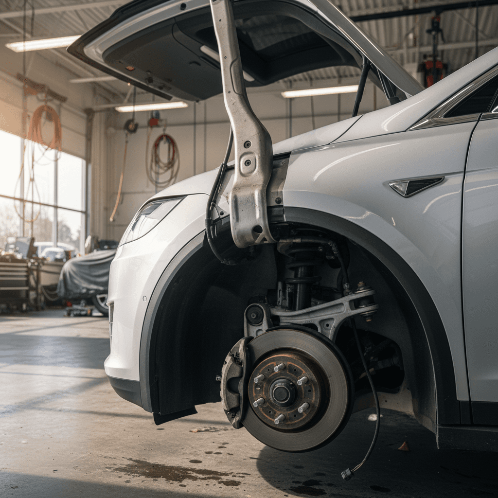 Technician inspecting a Tesla Model X falcon wing door alignment and front suspension components on a lift