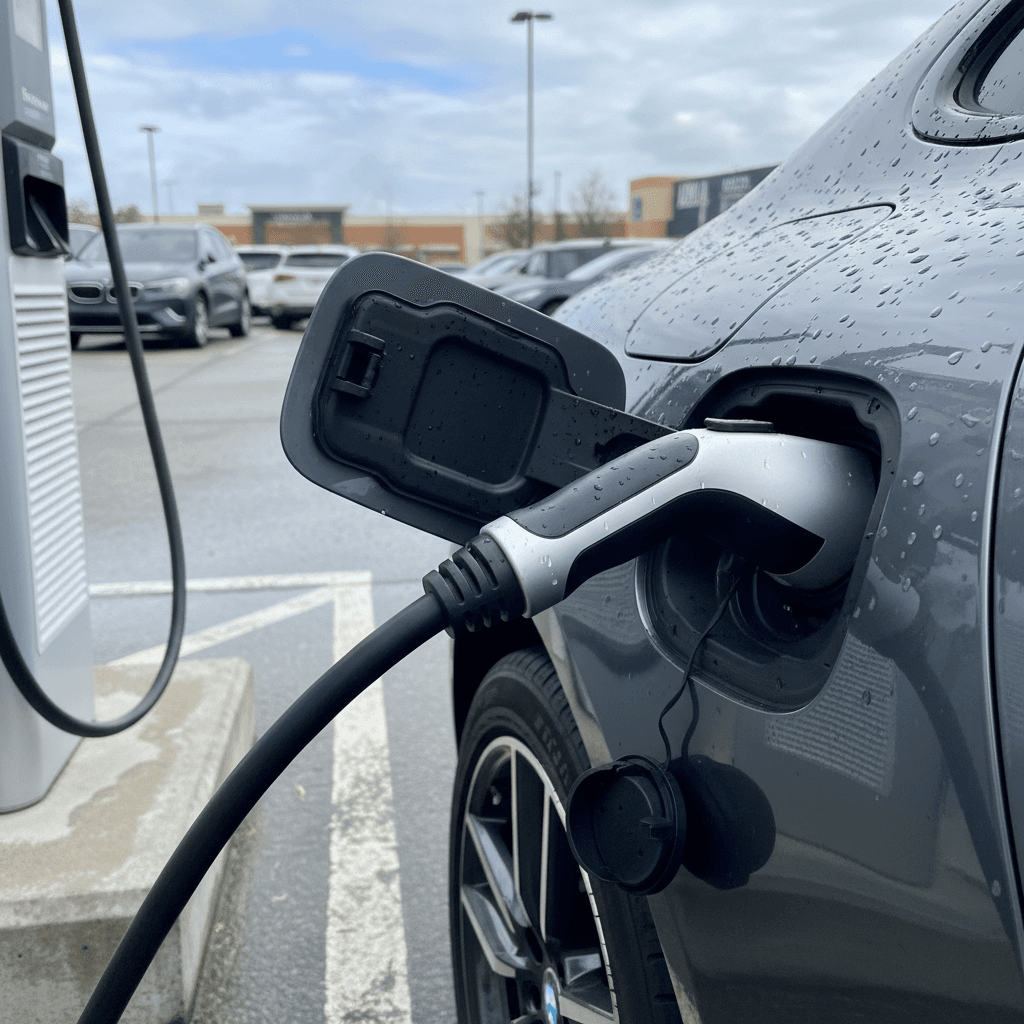 BMW i4 plugged into a public fast-charging station in a modern parking area