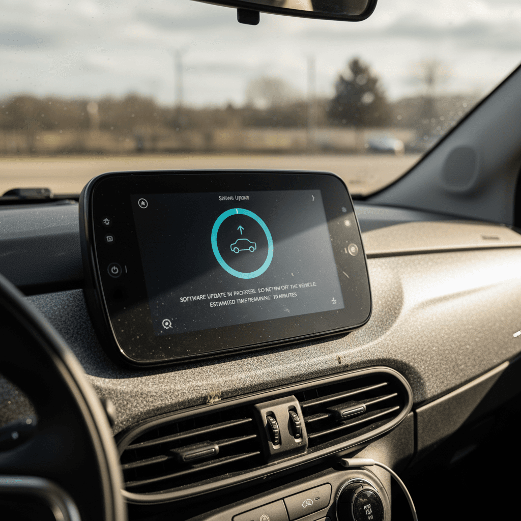 Fiat 500e touchscreen showing software update options and menus