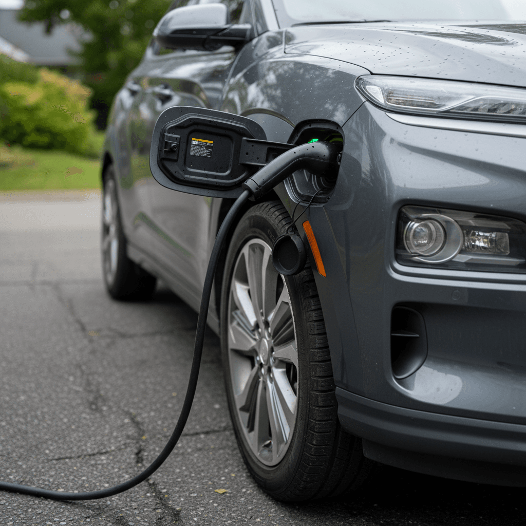 2022 Hyundai Kona Electric plugged into a Level 2 home charger in a suburban driveway