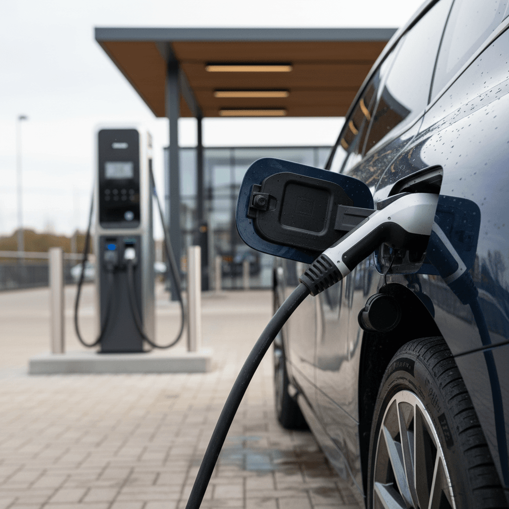 2023 BMW iX plugged into a high-power DC fast charger at a modern highway station