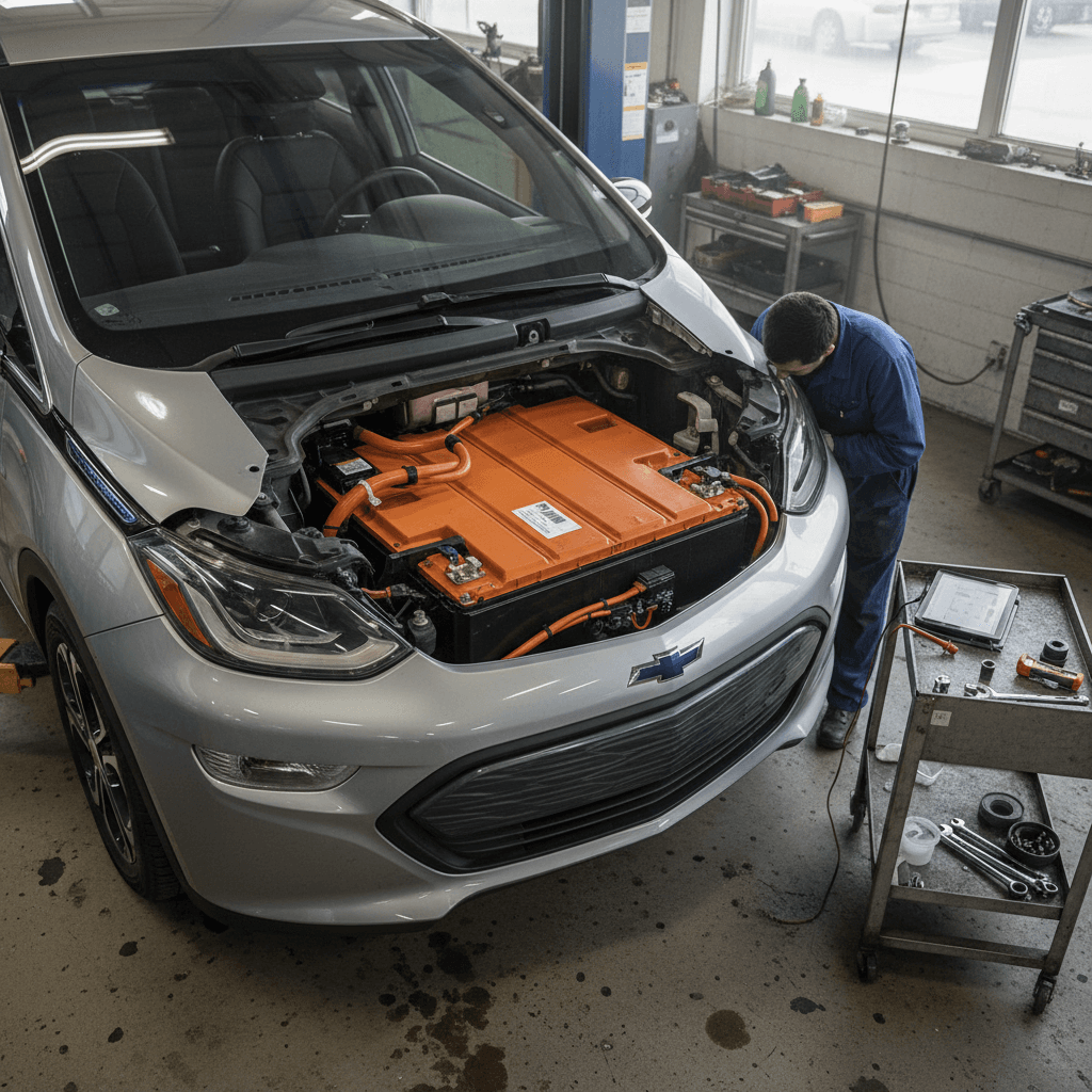 2021 Chevy Bolt EV charging at a public station, plugged into a Level 2 charger