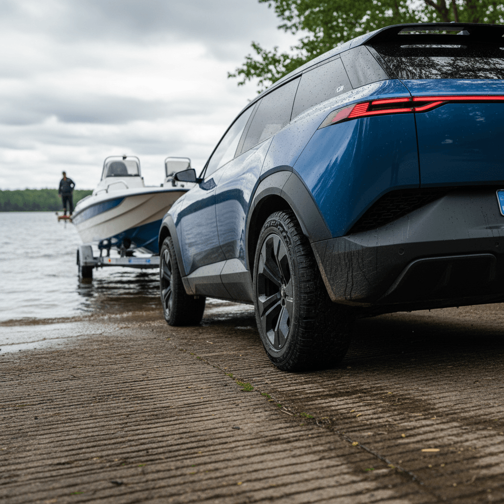 Electric SUV backing a fiberglass runabout on a trailer down a concrete boat ramp