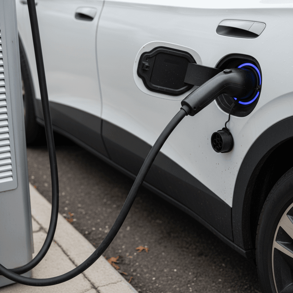 Volkswagen ID.4 charging at a DC fast charger with cable connected to rear charge port