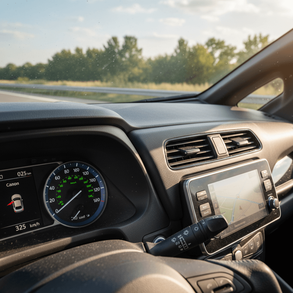 2019 Nissan Leaf instrument cluster showing battery state of charge and estimated remaining range during a steady highway drive