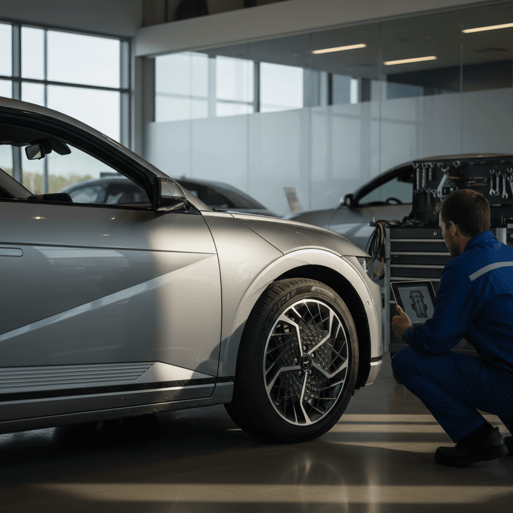 Used Hyundai Ioniq 5 parked in an inspection bay with a technician checking the charging port and body condition