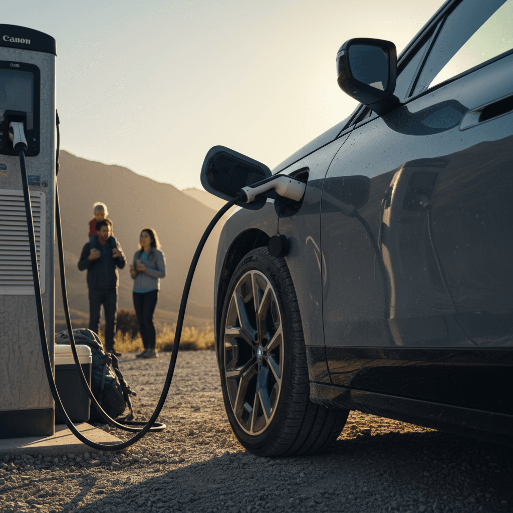Family-sized luxury electric SUV parked at a charging station on a road trip