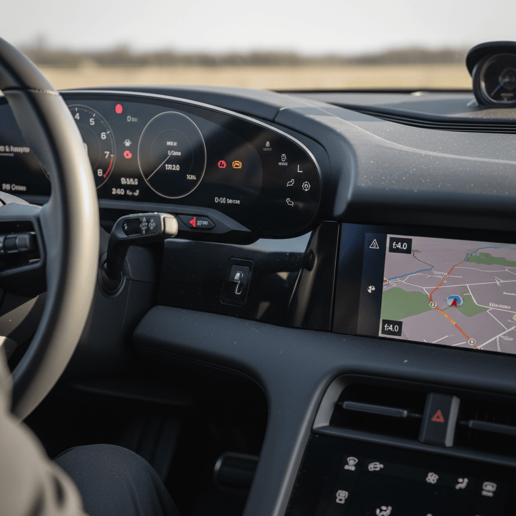 Dashboard of a 2021 Porsche Taycan showing multiple warning lights and the central PCM infotainment screen