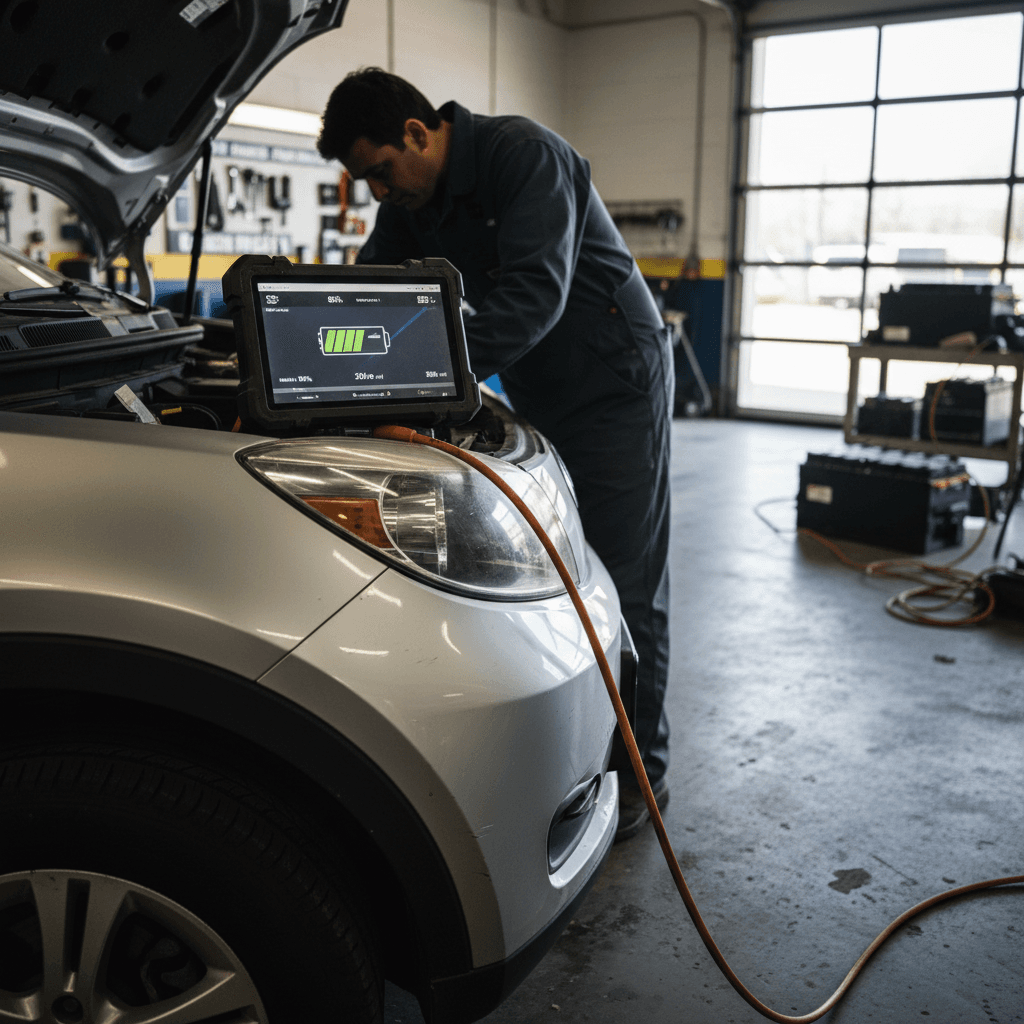 Technician using a diagnostic tablet to read battery health data from a used electric car in a service bay.