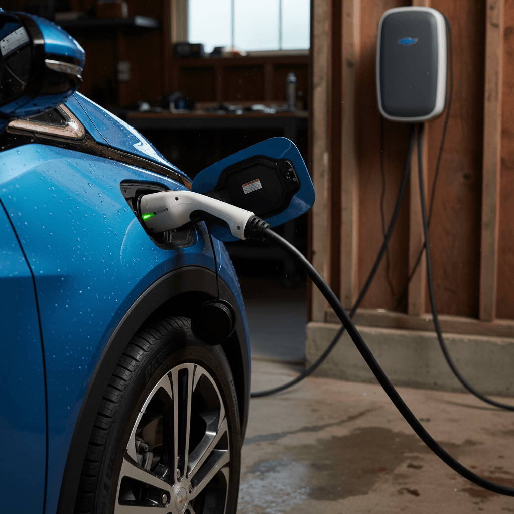 2020 Chevrolet Bolt EV plugged into a Level 2 home charger, showing charging status lights near the port