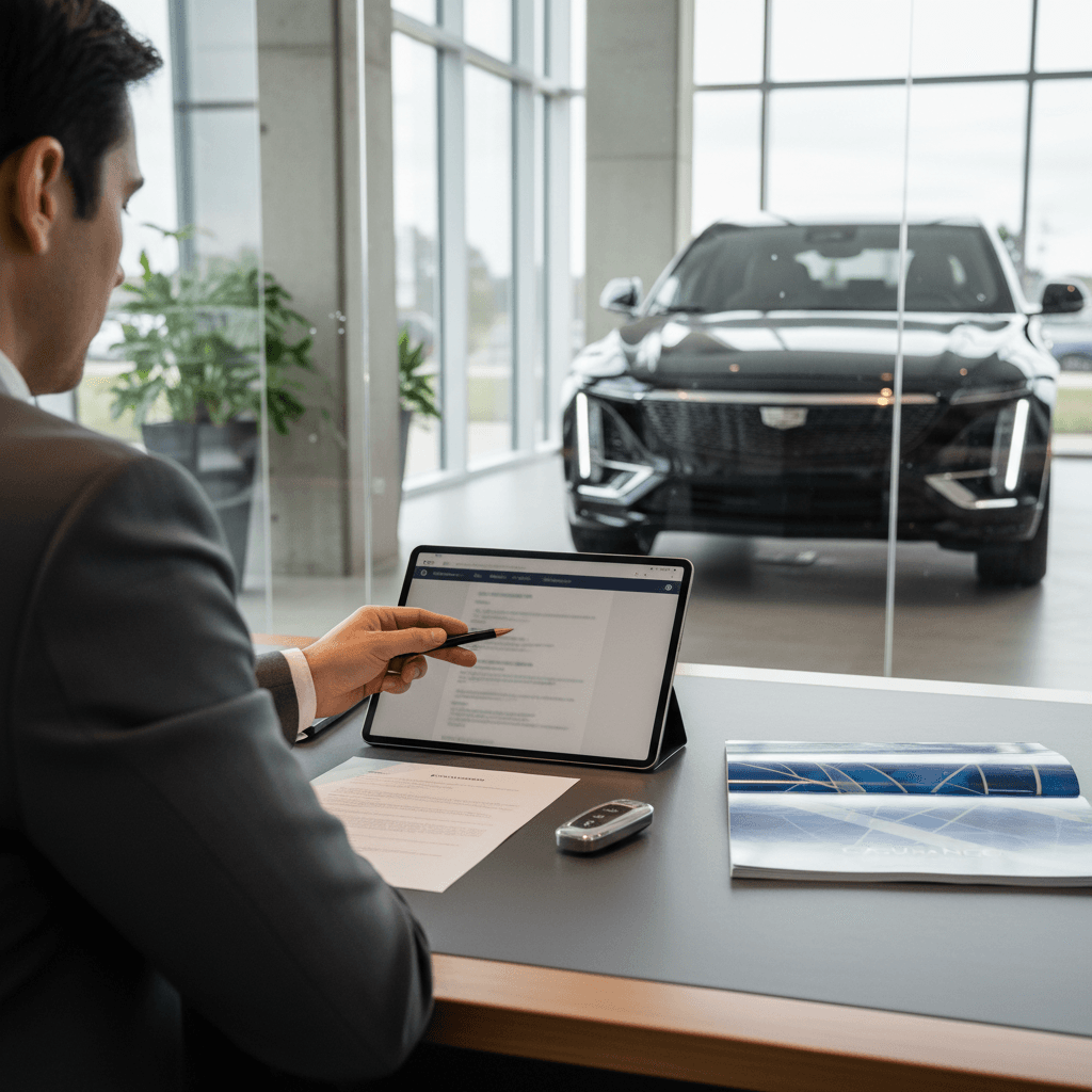 Insurance agent and Cadillac Lyriq owner reviewing coverage options and pricing in a bright office