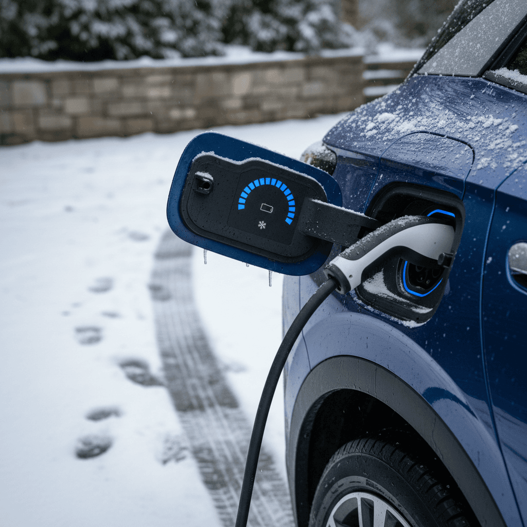 Volkswagen ID.4 plugged into a home charger in a snowy driveway, showing reduced winter range on the dash display