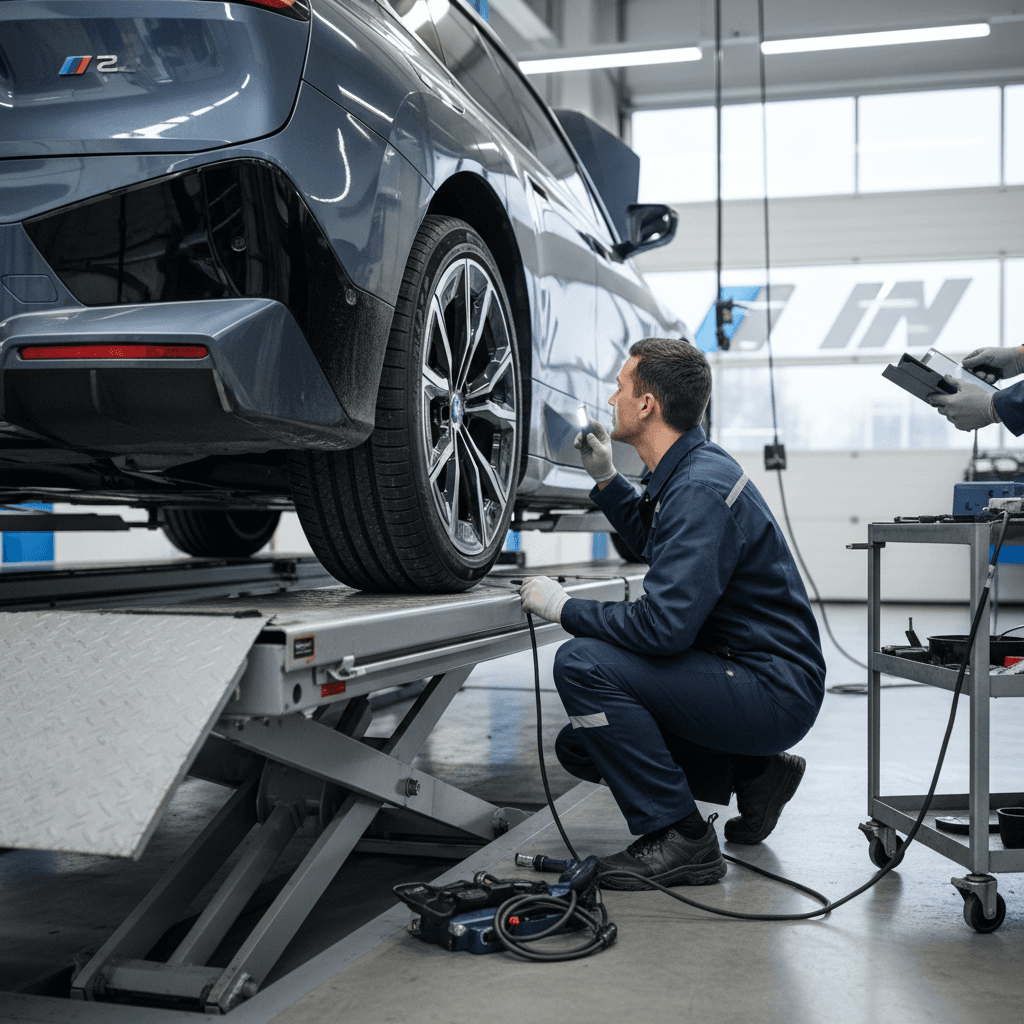 BMW iX on a service lift with a technician checking suspension and underbody components