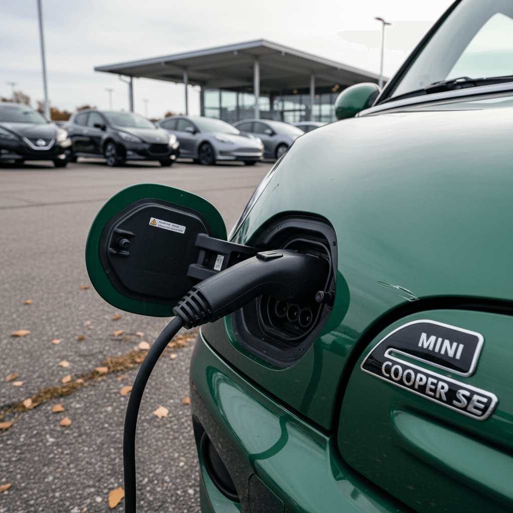 Mini Cooper SE rear badge and charging port plugged in at a dealership lot during trade-in appraisal