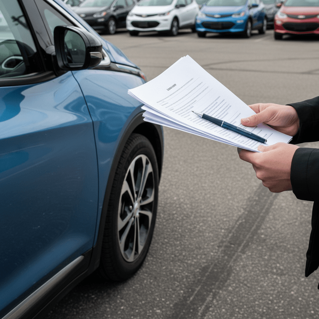 Buyer reviewing financing options and battery health report for a used Chevrolet Bolt EV in a dealership lot