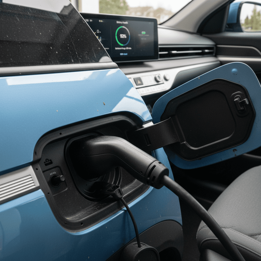 Technician inspecting a Hyundai Ioniq 5 charging port and checking battery data on a tablet before sale