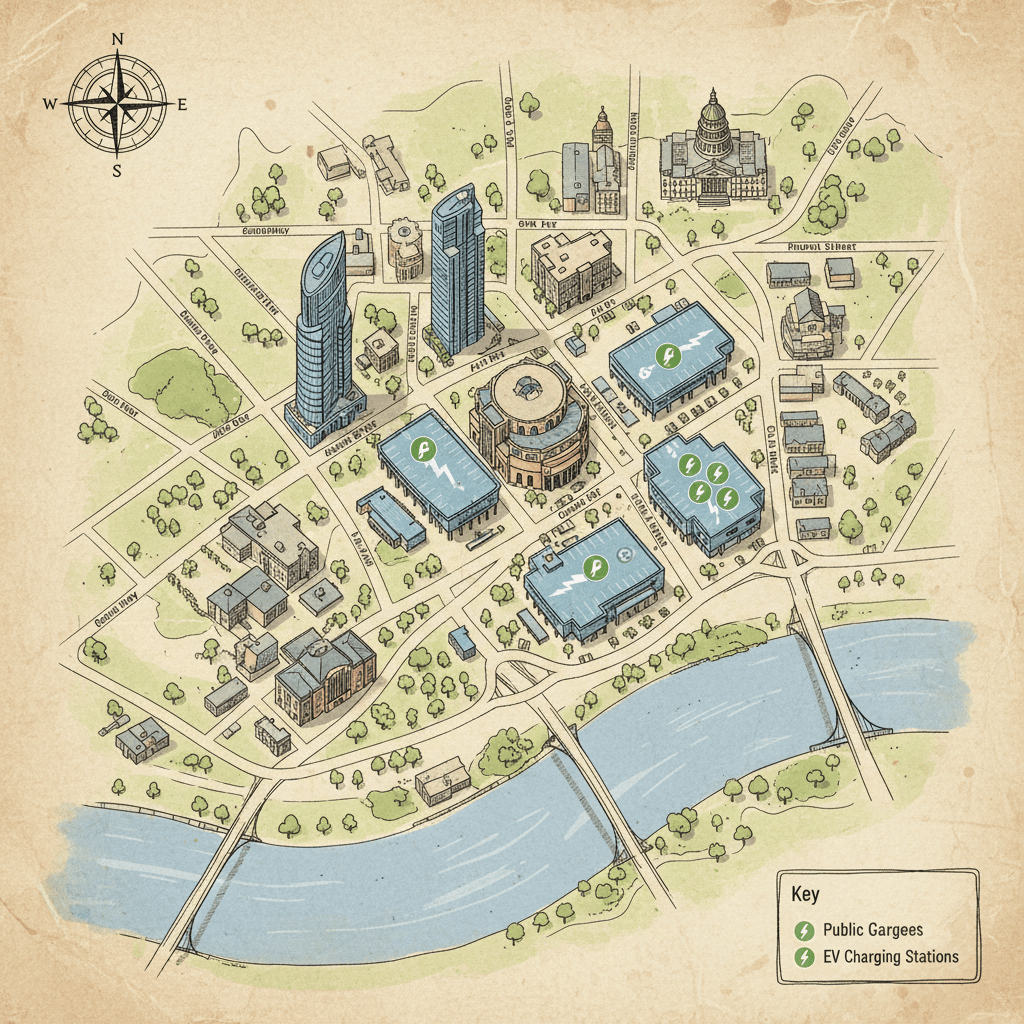 Simplified map highlighting downtown Nashville parking garages and public EV charging locations near Broadway and major venues