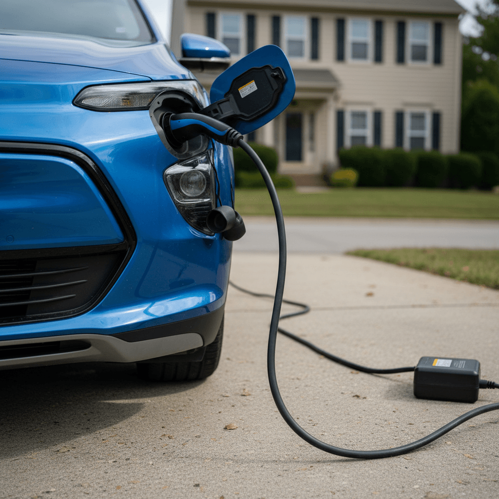2022 Chevrolet Bolt EUV charging at a home driveway Level 2 charger