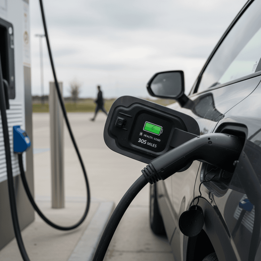 Kia EV9 charging at a DC fast charger with range remaining shown on infotainment screen