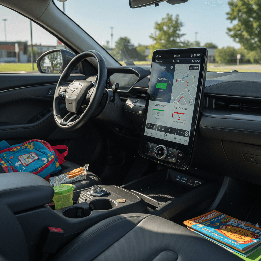Driver’s view inside a Ford Mustang Mach‑E with digital dash and family items, illustrating daily EV use instead of a gas SUV