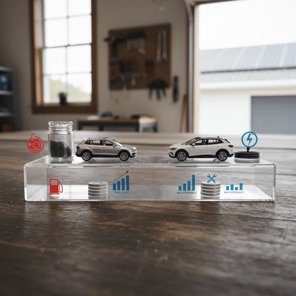 Side-by-side comparison illustration of a Volkswagen Tiguan gasoline SUV and a Volkswagen ID.4 electric SUV with icons for gas pump and charging plug