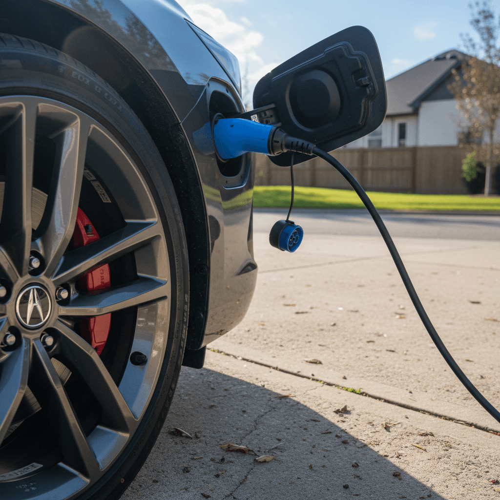 Clean Acura ZDX electric SUV parked in a driveway with charging cable neatly coiled