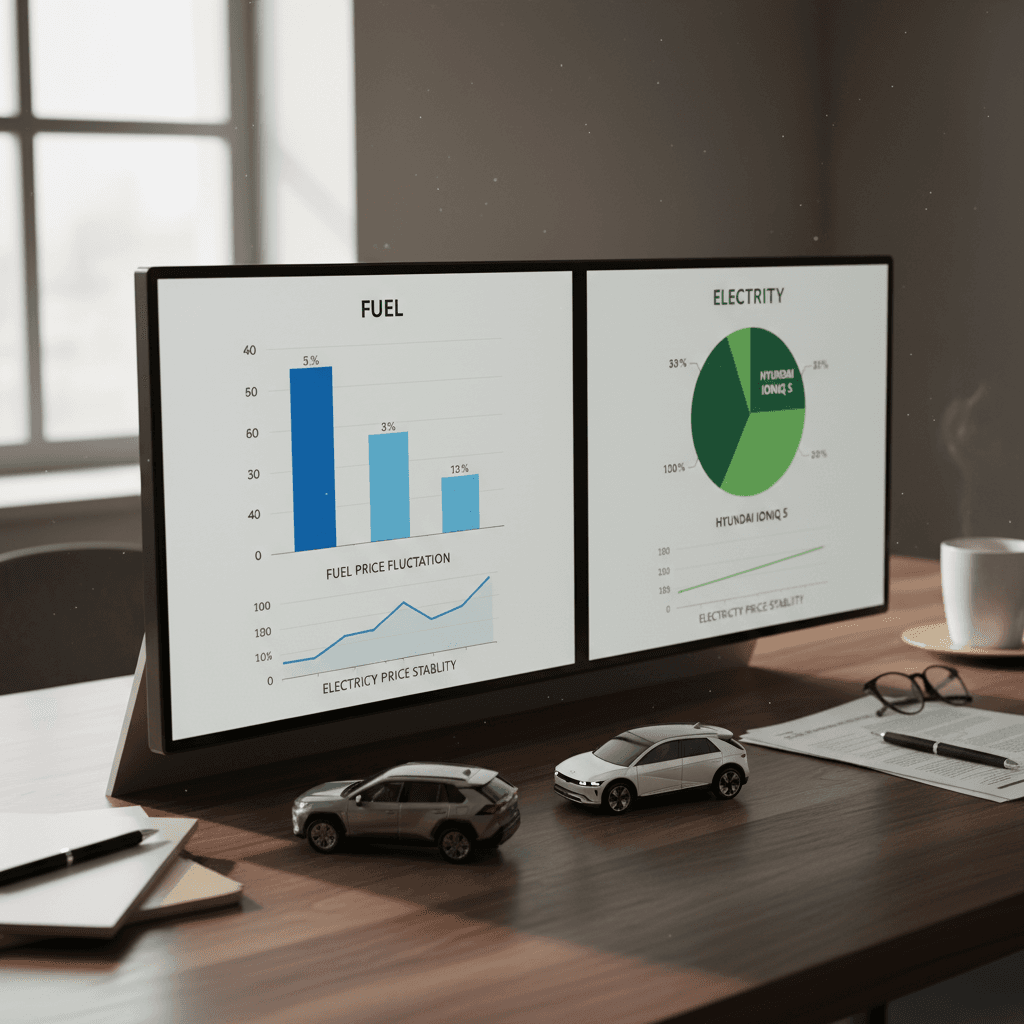 Illustrated comparison of five-year total cost of ownership between a Toyota RAV4 Hybrid and a Hyundai Ioniq 5, showing fuel, electricity, maintenance and depreciation slices