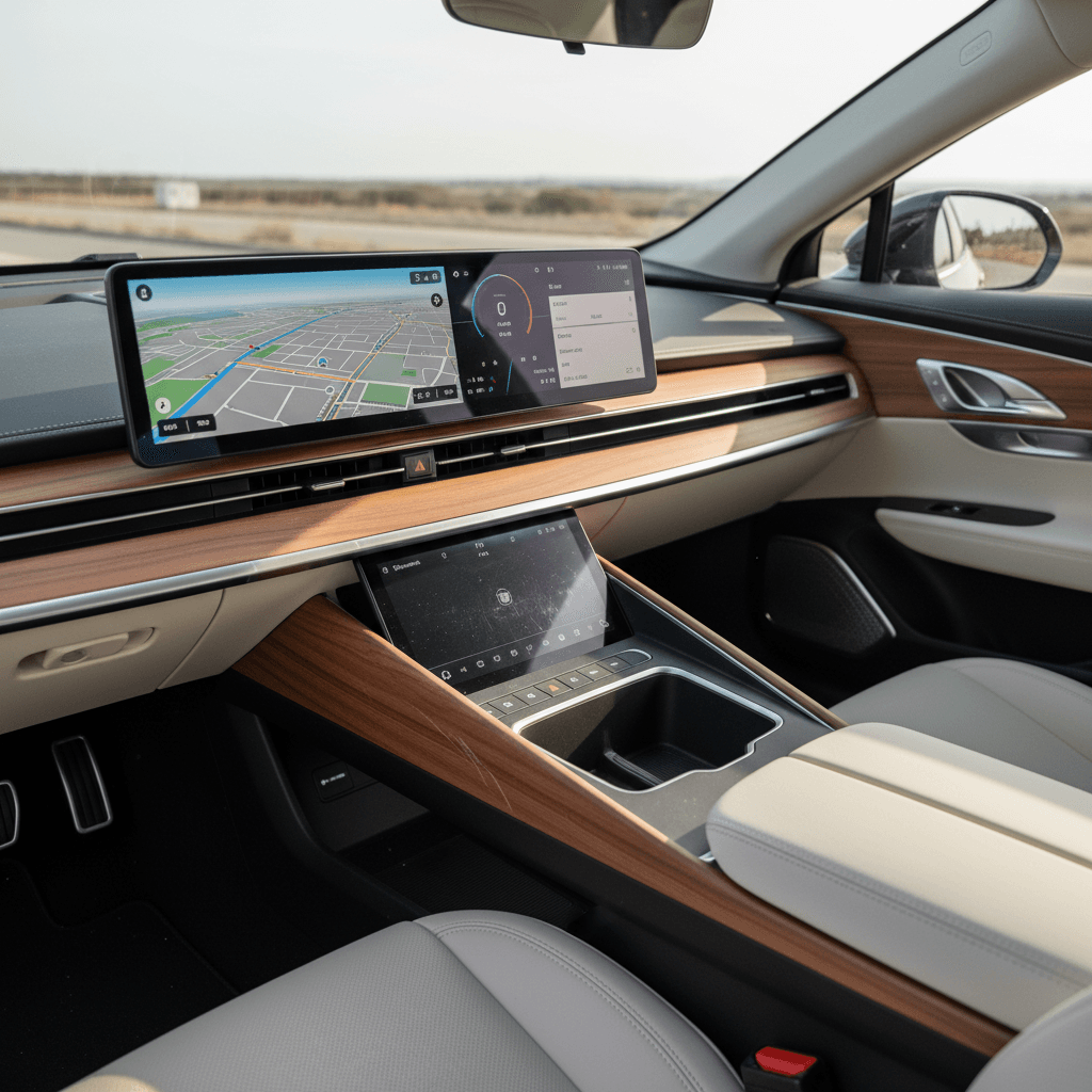 Front seats and dashboard of a 2023 Lucid Air showing minimalist interior and dual screens
