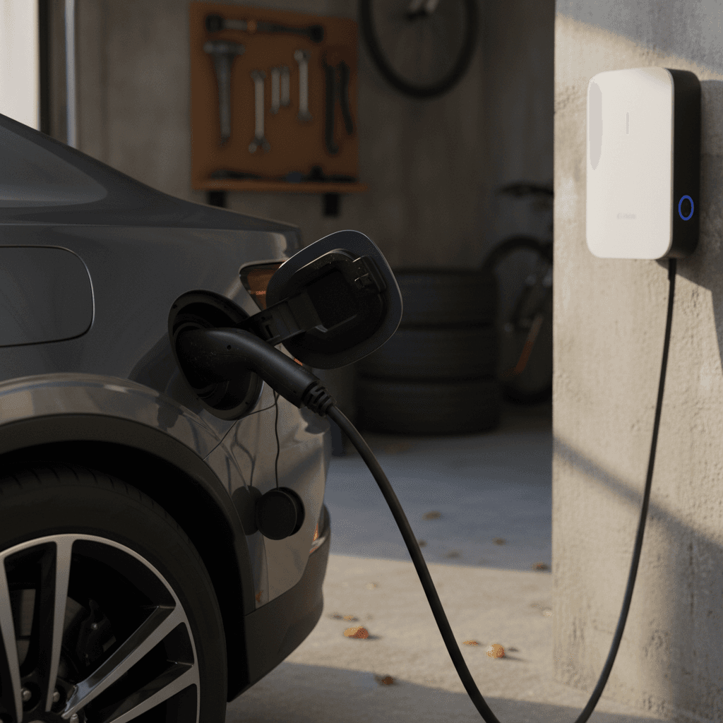 Polestar 2 plugged into a wall-mounted Level 2 charger inside a clean home garage