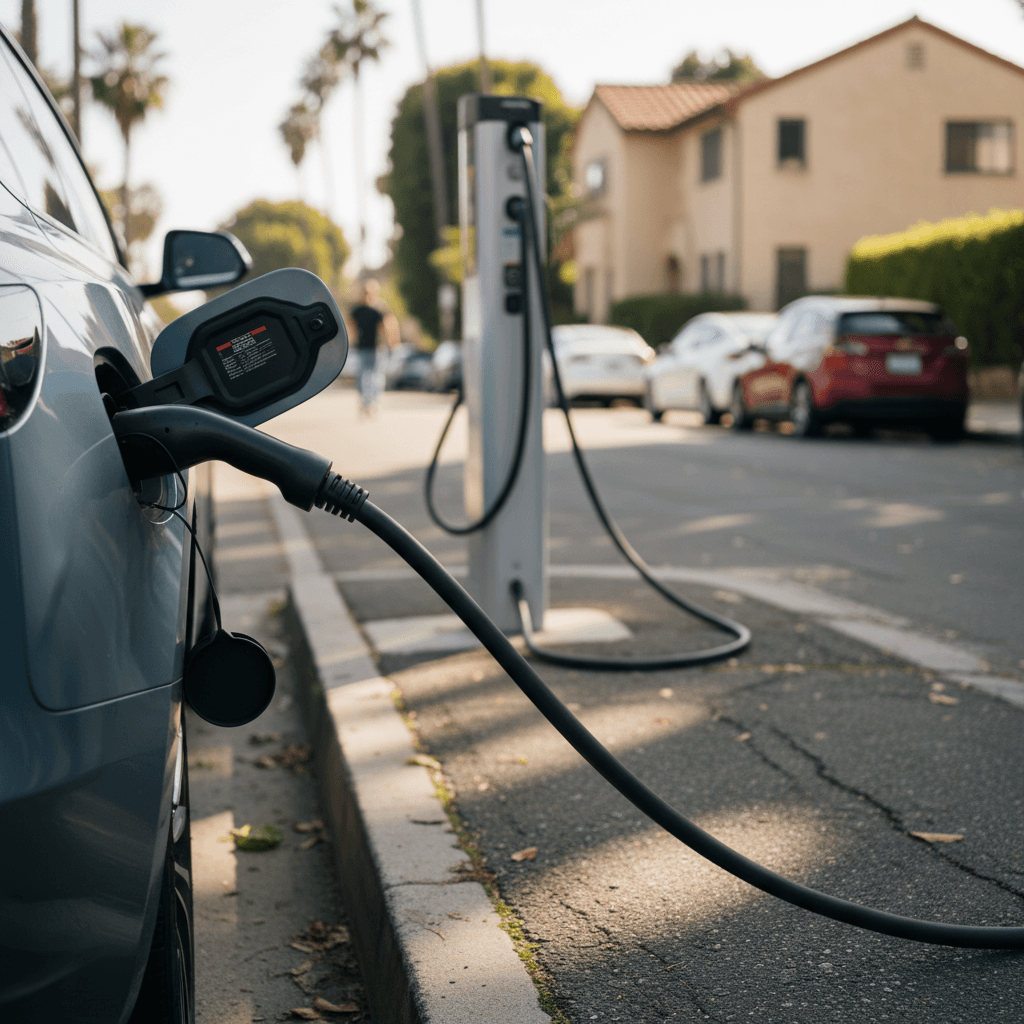 EVs plugged into curbside charging stations on a busy Los Angeles city street