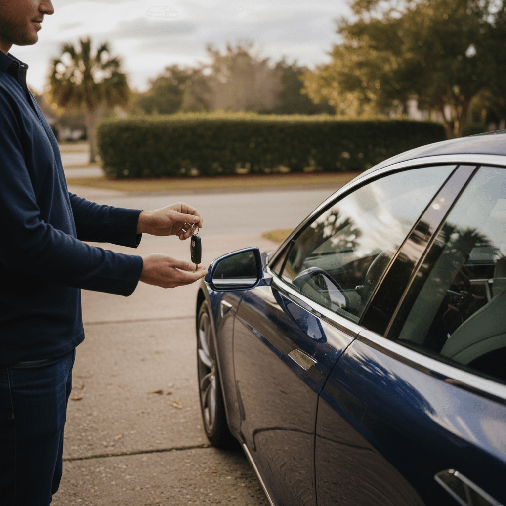 Tesla Model S seller handing keys to a buyer in a South Carolina driveway