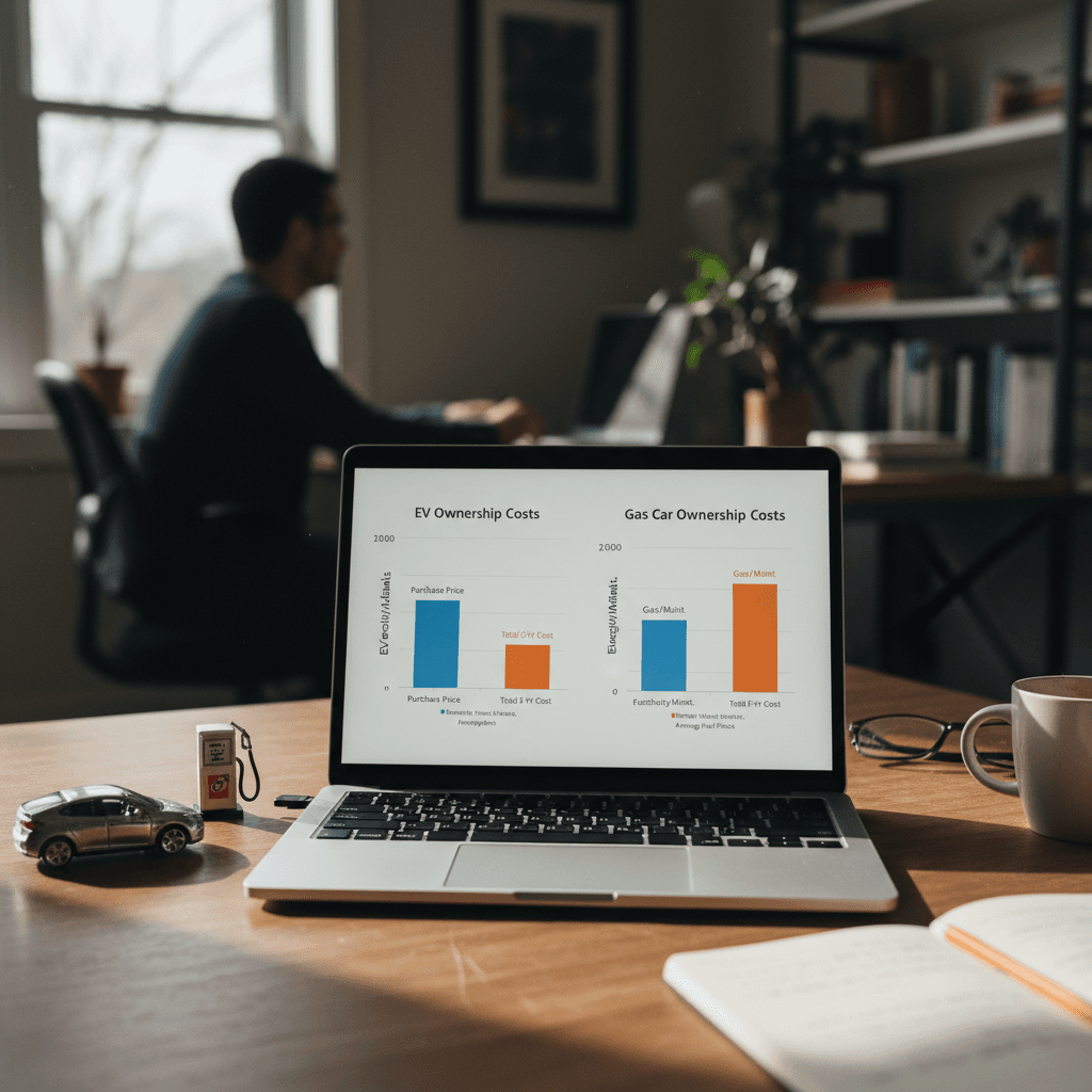 Side-by-side cost comparison of an electric car and gasoline car using charts and graphs on a laptop for a Pennsylvania driver