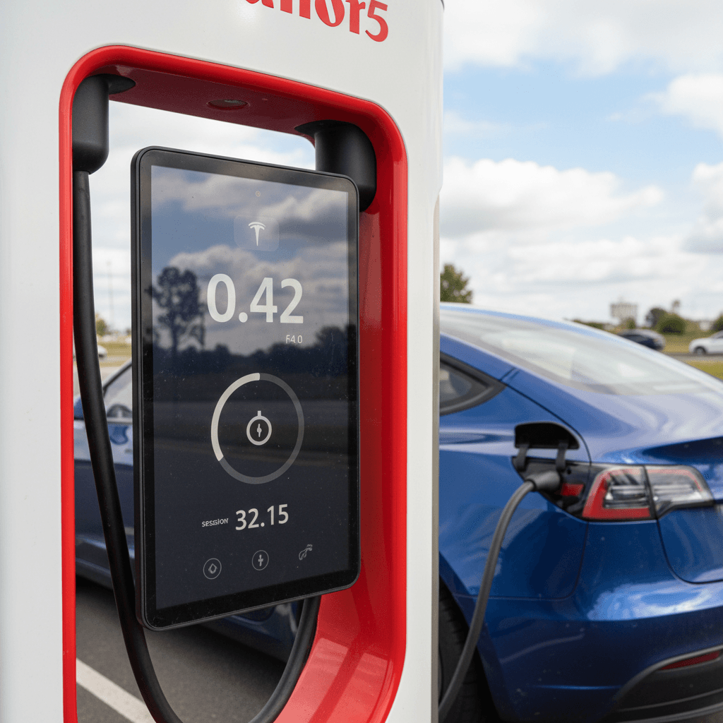 Tesla Supercharger screen showing price per kWh and current session cost during a highway road trip