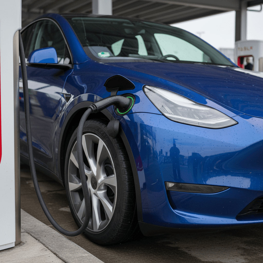 A 2020 Tesla Model Y plugged into a Supercharger, highlighting its compact crossover proportions and charging port.