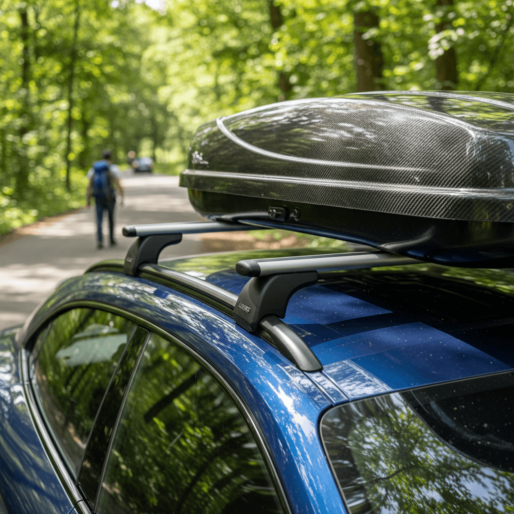 Porsche Taycan with roof rails and factory crossbars installed, ready for cargo