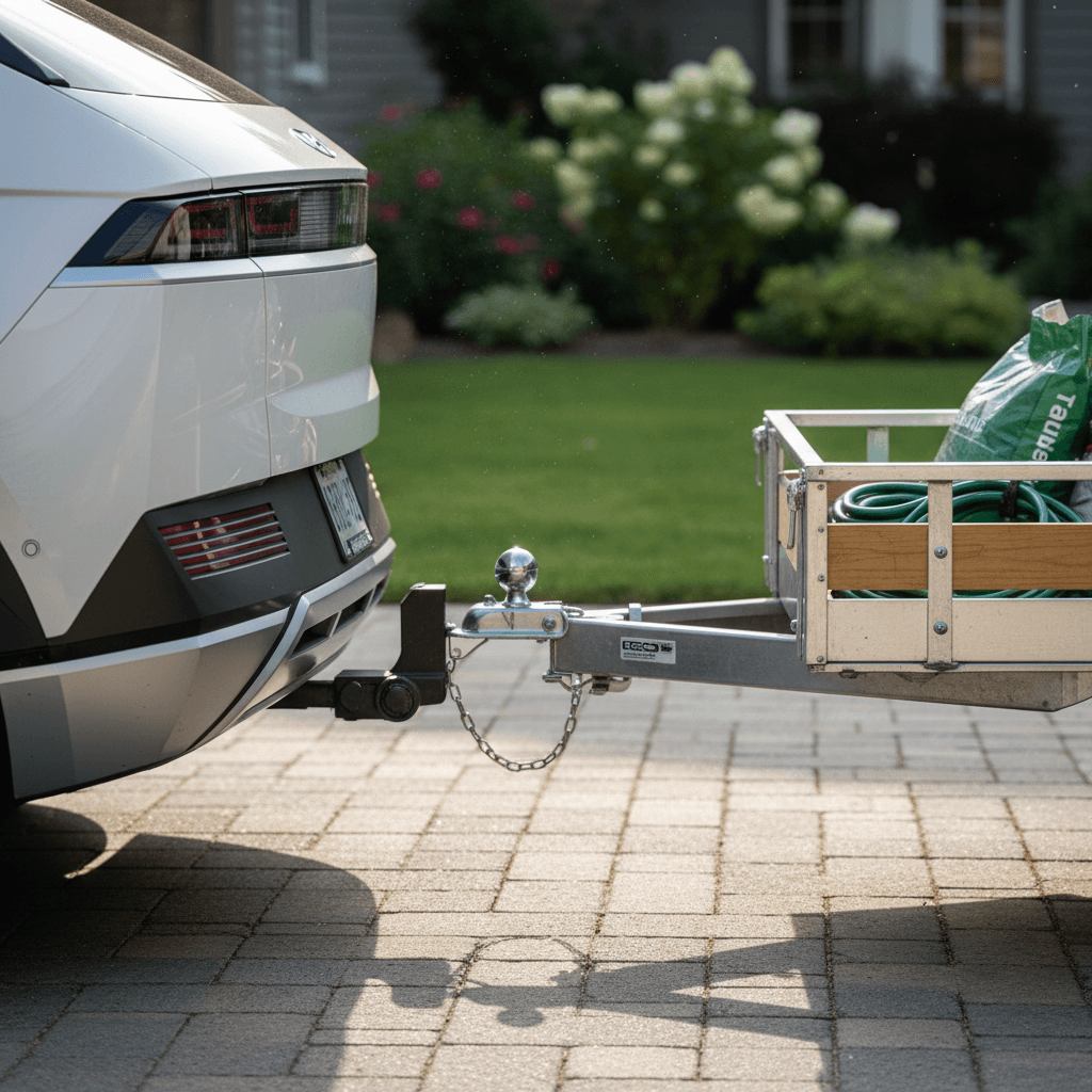 Hyundai IONIQ 5 with a hidden receiver hitch attached to a small utility trailer in a driveway