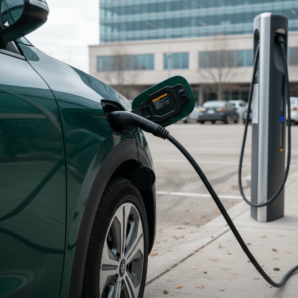 Kia Niro EV plugged into a public DC fast charger in a parking lot