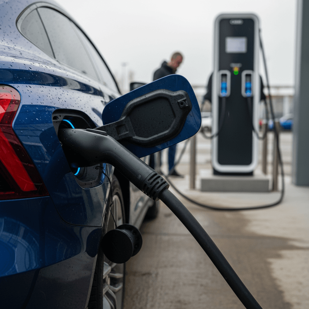Charging cable plugged into an Audi e-tron GT charge port at a DC fast charger