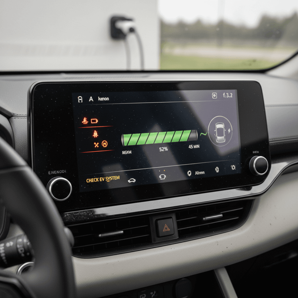 Nissan Ariya dashboard illuminated with EV system warning icons while plugged into a home charger