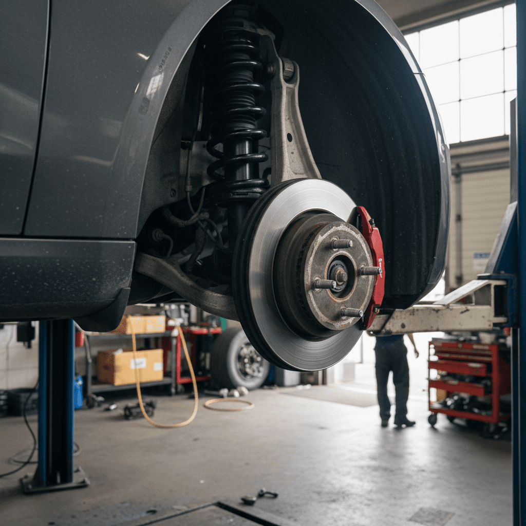 Close-up of a 2021 Tesla Model 3 front wheel on a lift, showing suspension components and tire wear pattern.