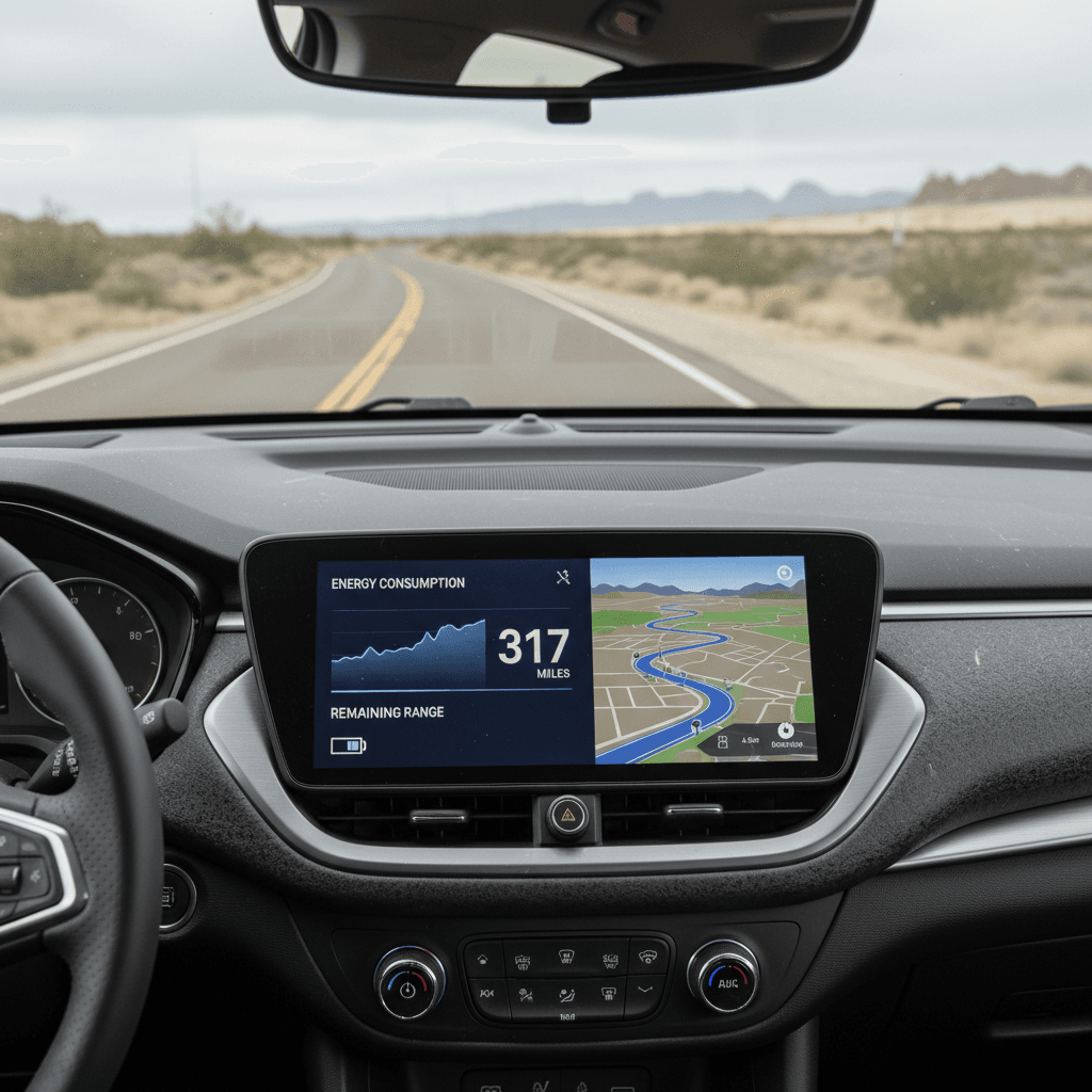 Close-up of the 2025 Chevy Equinox EV touchscreen displaying remaining range, battery state of charge, and energy use during a mixed-driving test route