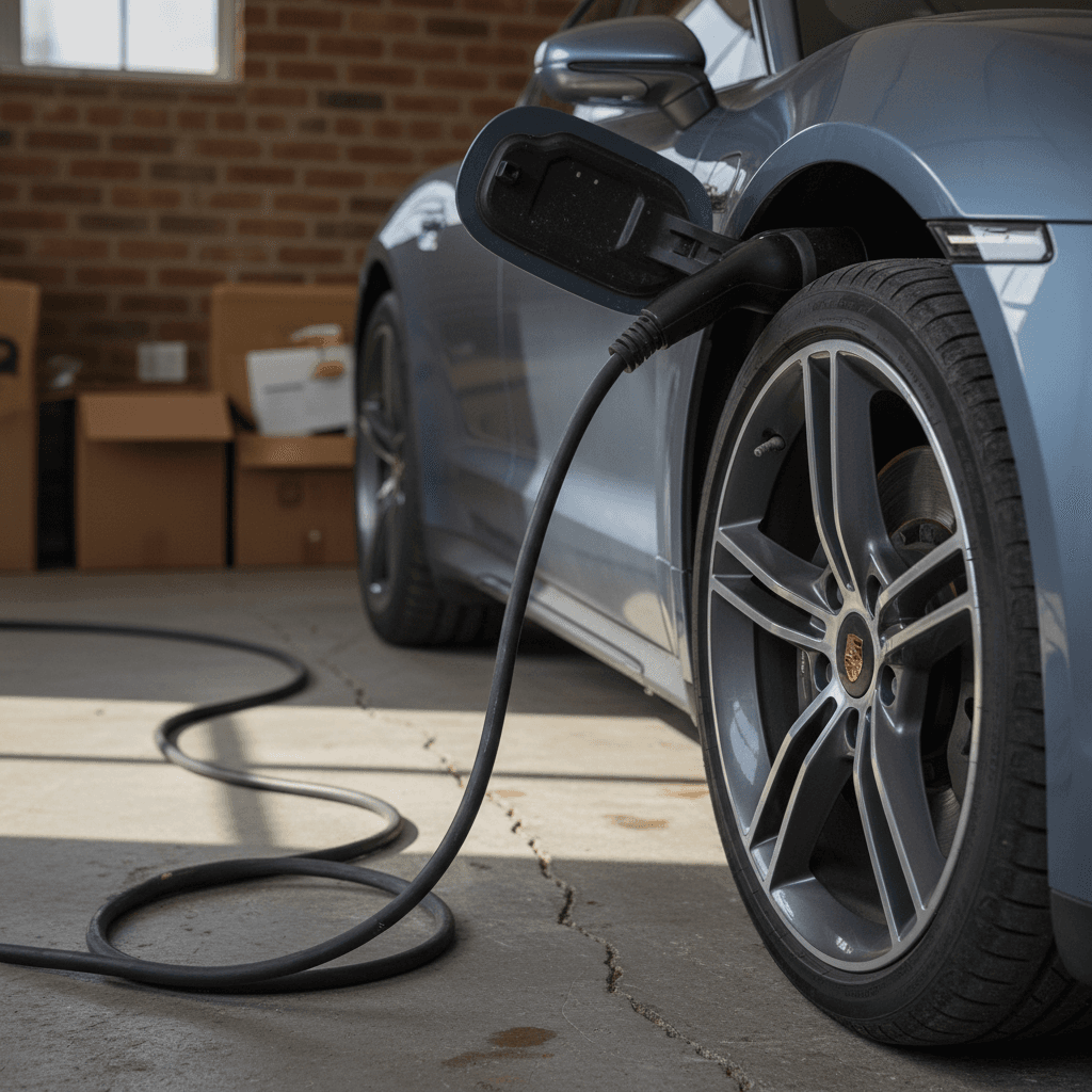 Indoor showroom row of used luxury electric vehicles with price tags visible on windshields